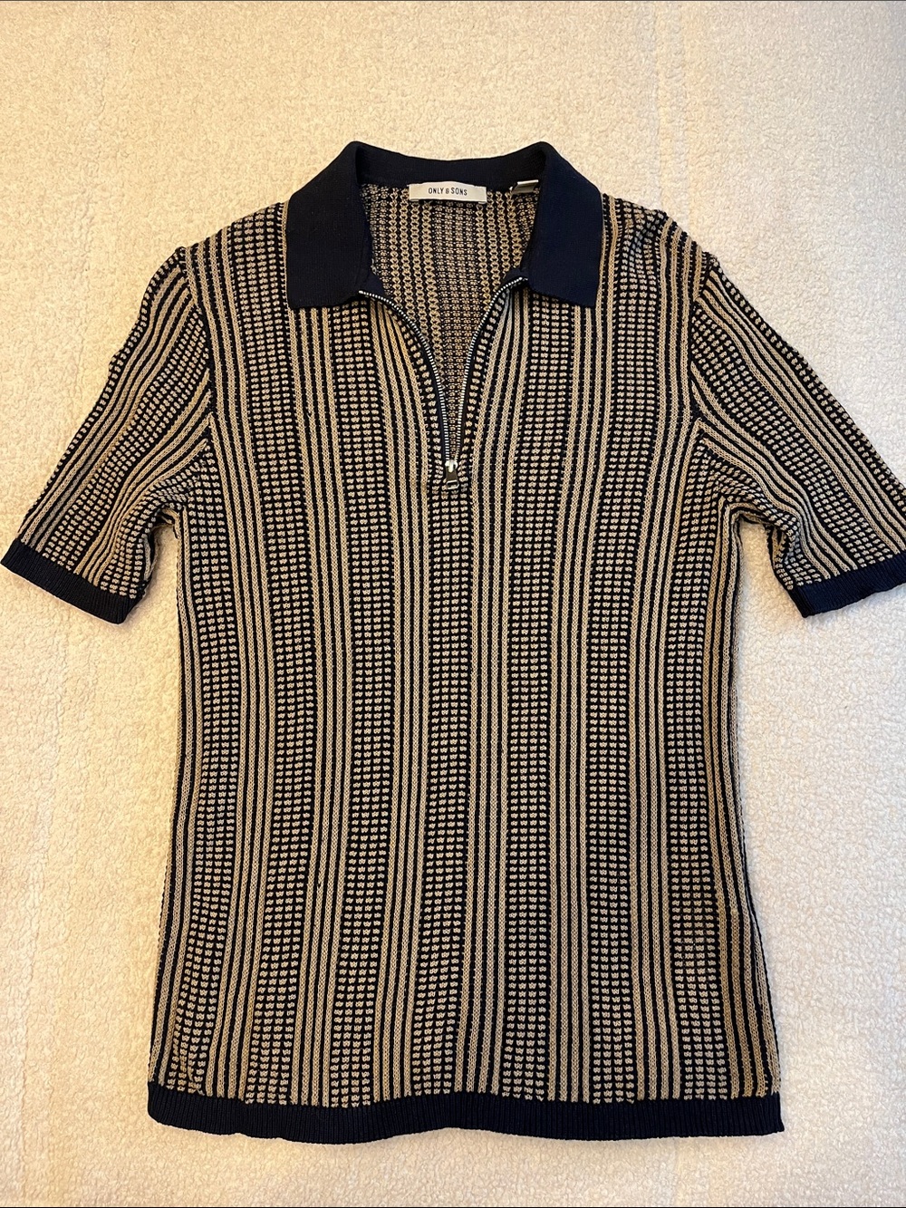 ONLY & SONS Navy and Tan Striped Polo Knit Top